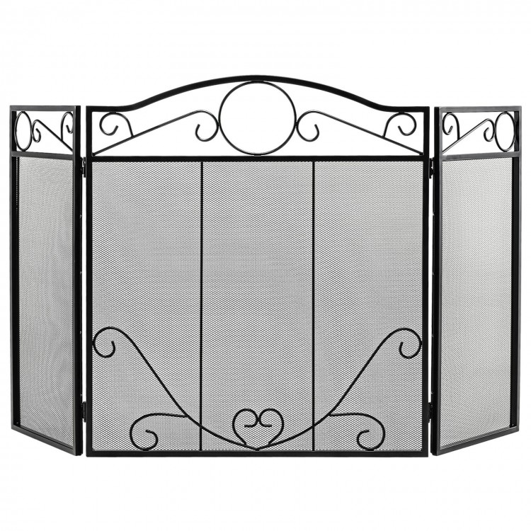 Freestanding 3-panel fireplace screen with scrollwork design, sturdy steel frame, and dense mesh for safety and charm.